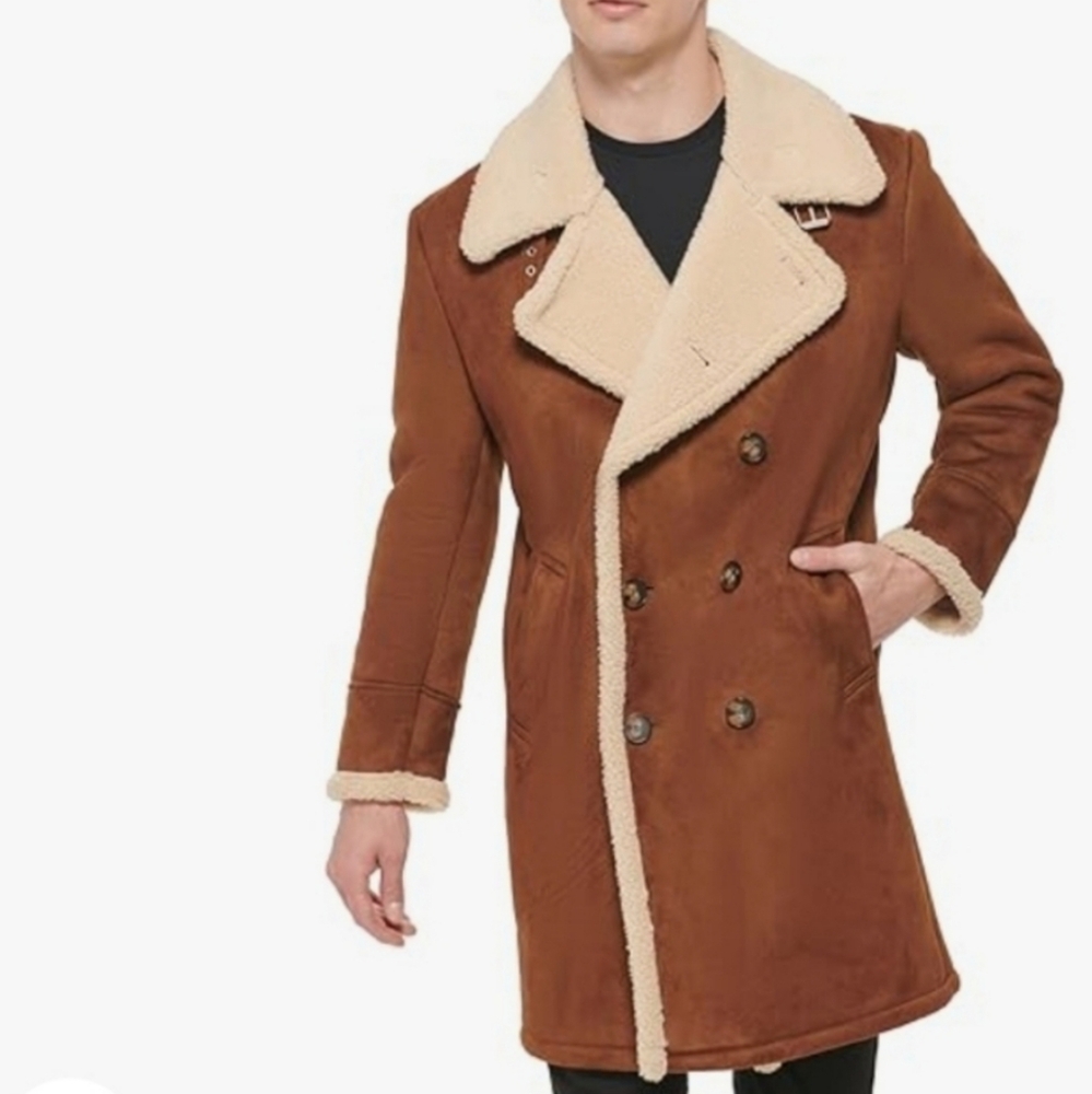 NWT Men"s Guess Double Breasted Faux Fur Shearling Coat - Picture 3 of 15